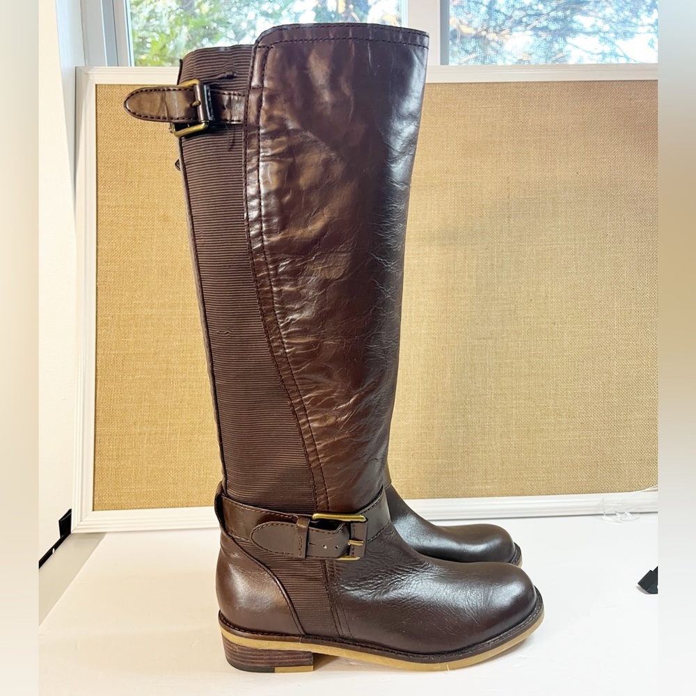 Lucky Brand Brown Leather Buckle Detail Pull On Riding Boots Size 8.5